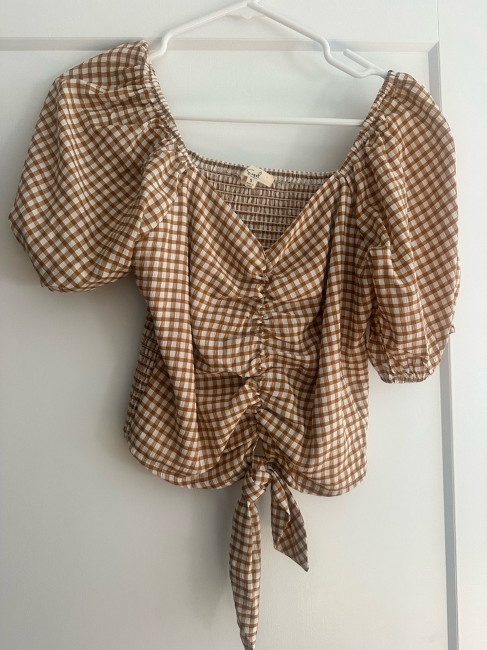 easel Brown and White Gingham Puff-Sleeve Tie-Front Top